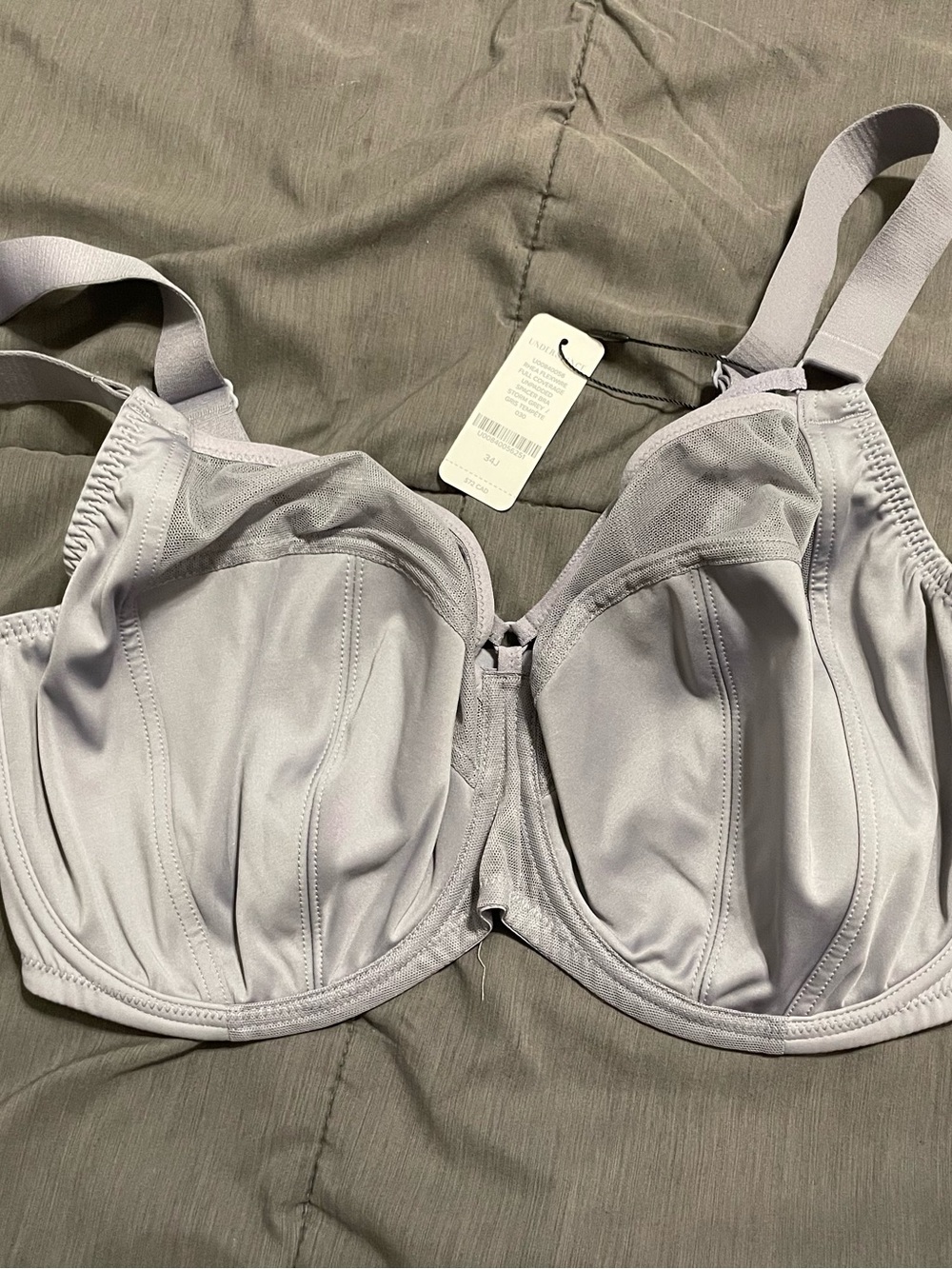 34J Light Gray Full-Coverage Underwire Bra with Supportive Seamed Cups